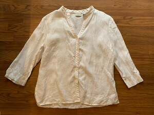Covington 100% Linen White V-Neck Blouse M 10/12 3/4 Sleeve Shirt